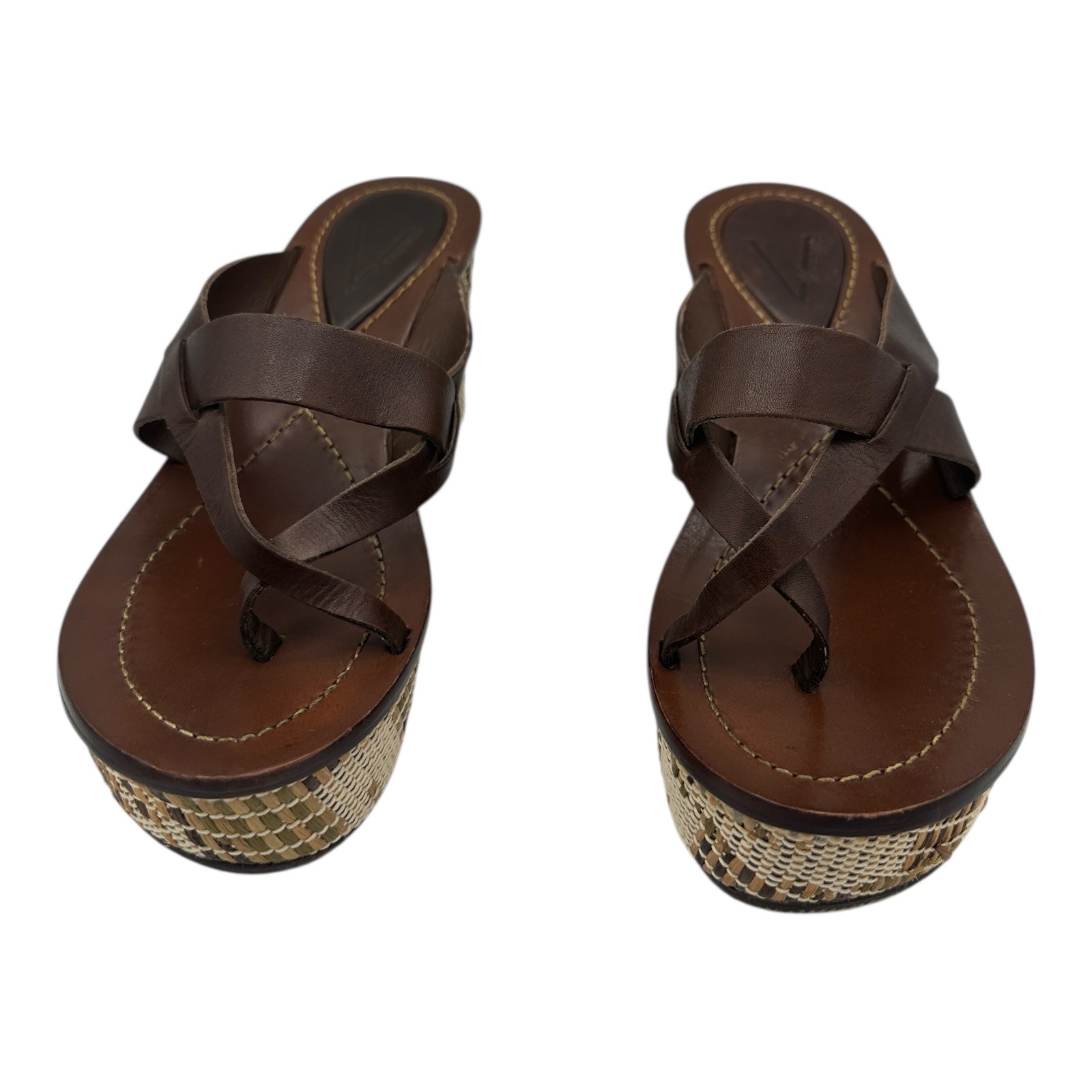 Vince Camuto Brown Leather Woven Wedge Thong Sandals Women's Size 8b